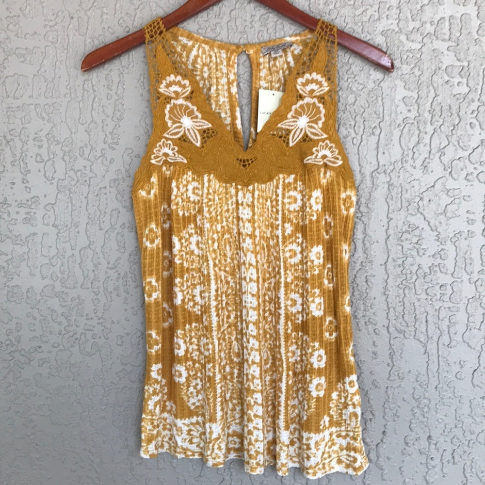 Lucky Brand Mustard Yellow and White Crochet-Trim Tank Top